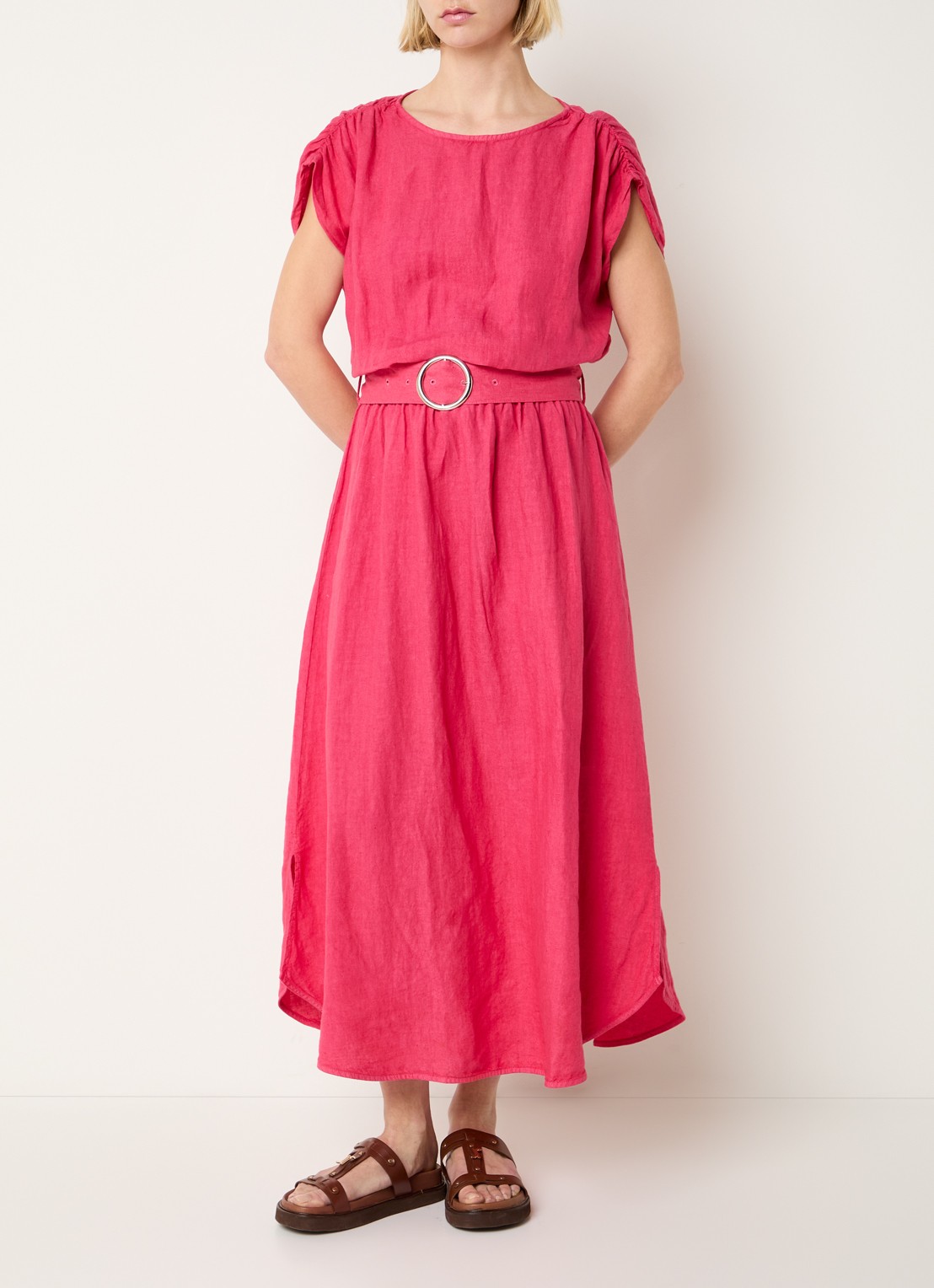 Josephine & Co Blayze jurk van linnen met ceintuur - detail 3 koraalrood