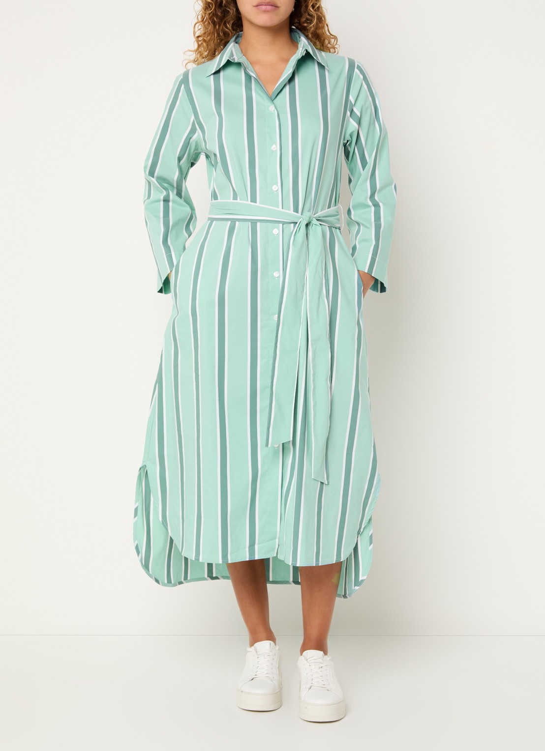 Josephine & Co Boudewijn midi blousejurk met streepprint en strikceintuur - detail 2 mint