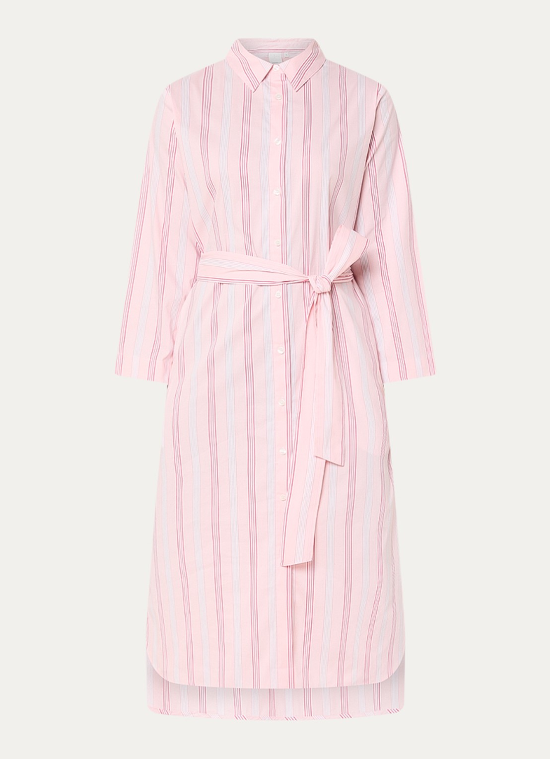 Josephine & Co Boudewijn midi blousejurk met streepprint en strikceintuur - voorkant lichtroze