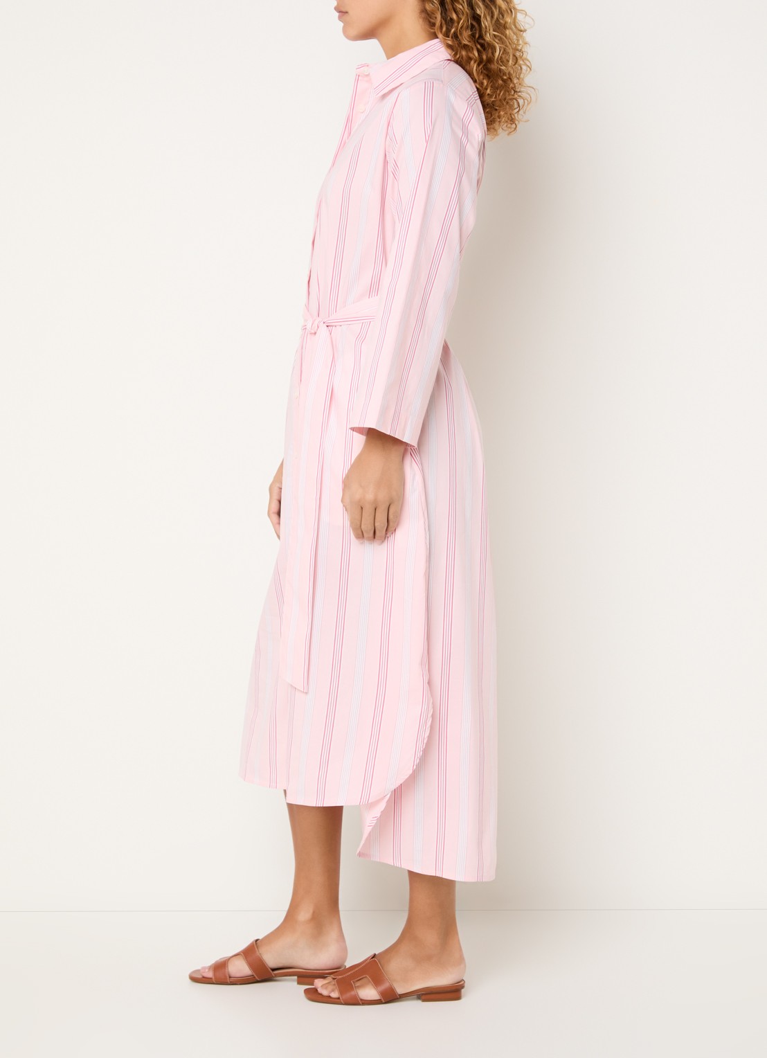 Josephine & Co Boudewijn midi blousejurk met streepprint en strikceintuur - voorkant 2 lichtroze