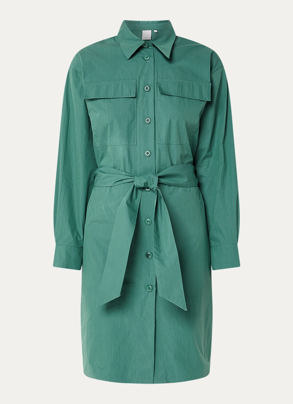 Josephine & Co Brien blousejurk met opgestikte zakken en strikceintuur - voorkant 3 zeegroen