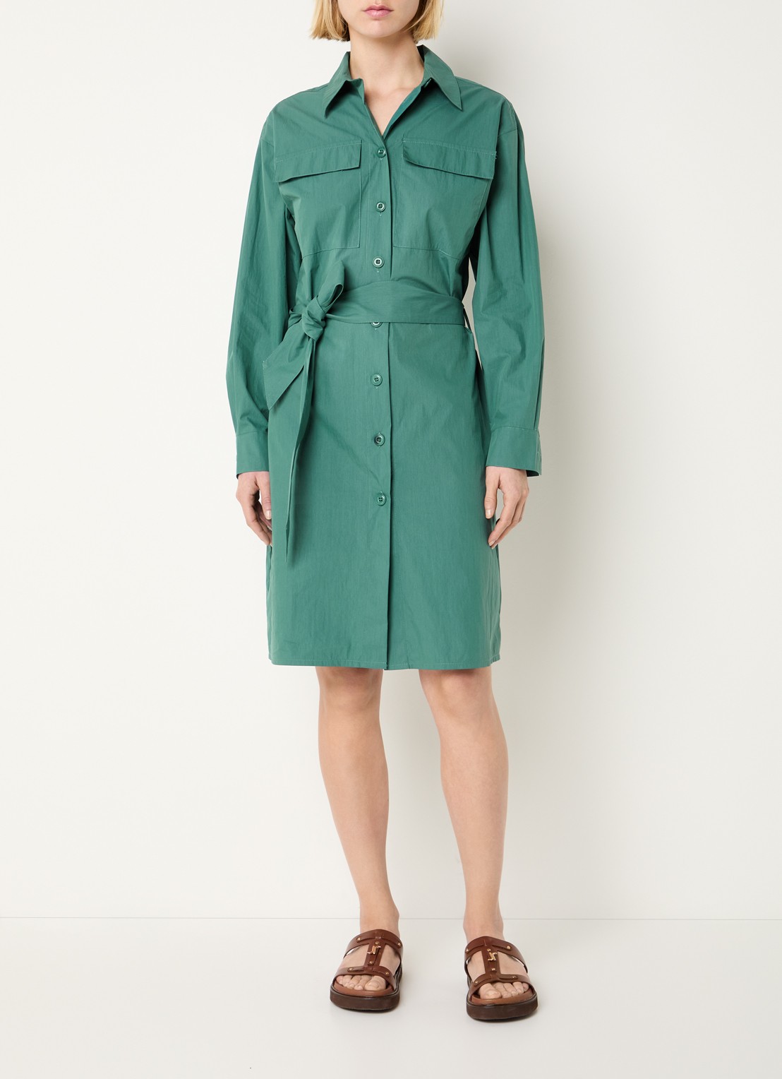 Josephine & Co Brien blousejurk met opgestikte zakken en strikceintuur - voorkant 4 zeegroen