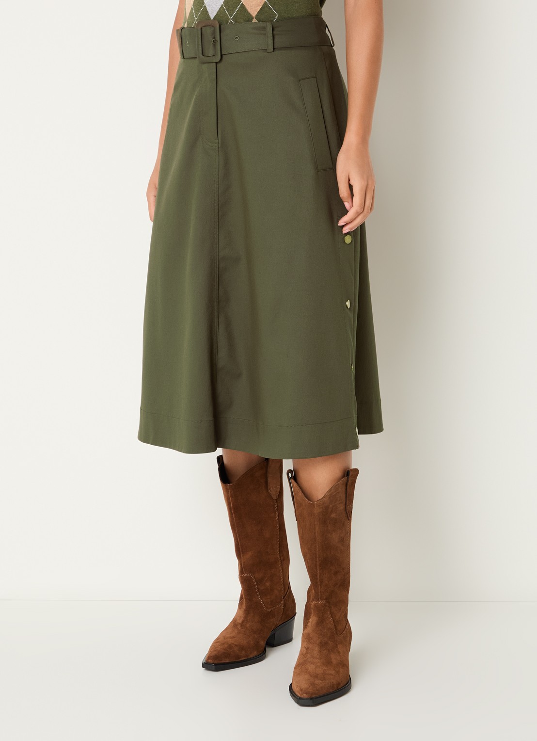 Josephine & Co Cassie midi rok met steekzakken en ceintuur - detail 4 mosgroen
