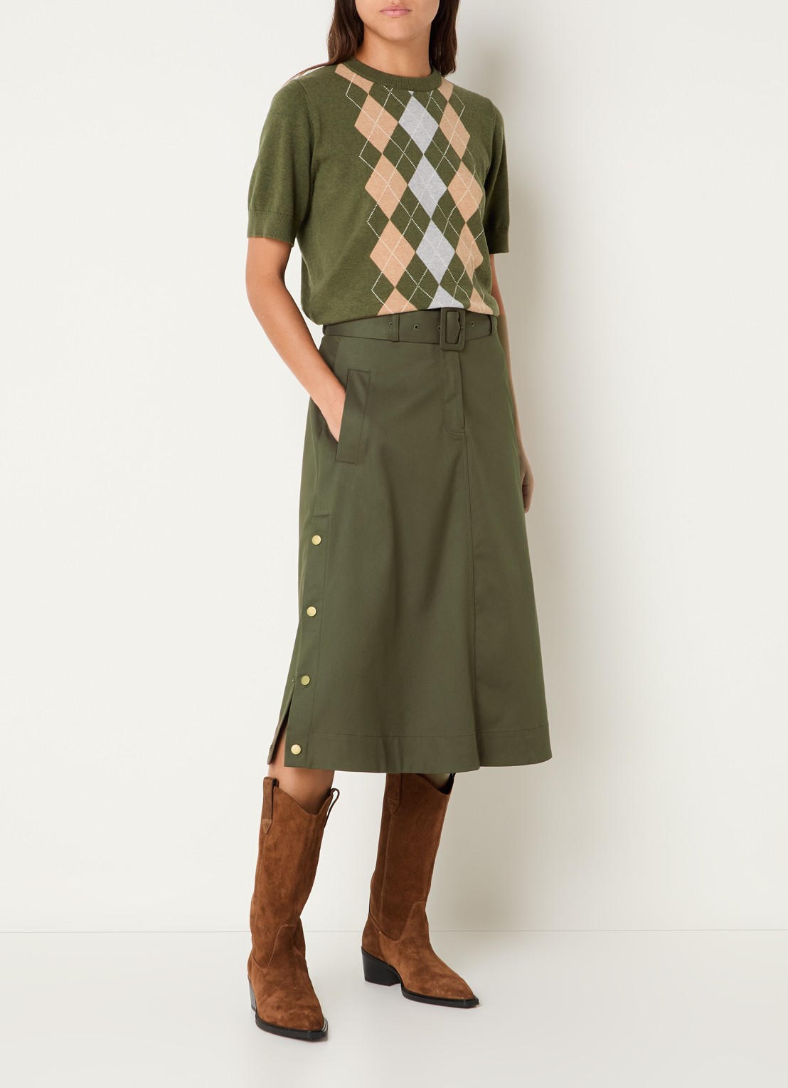Josephine & Co Cassie midi rok met steekzakken en ceintuur - voorkant 3 mosgroen