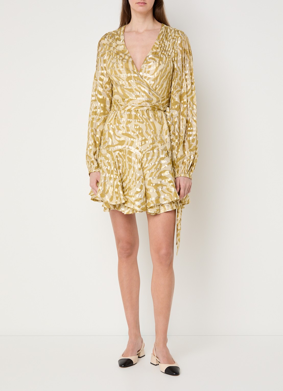 JOSH V Aliya mini wikkeljurk met jacquard dessin en lurex - voorkant 2 mosterd