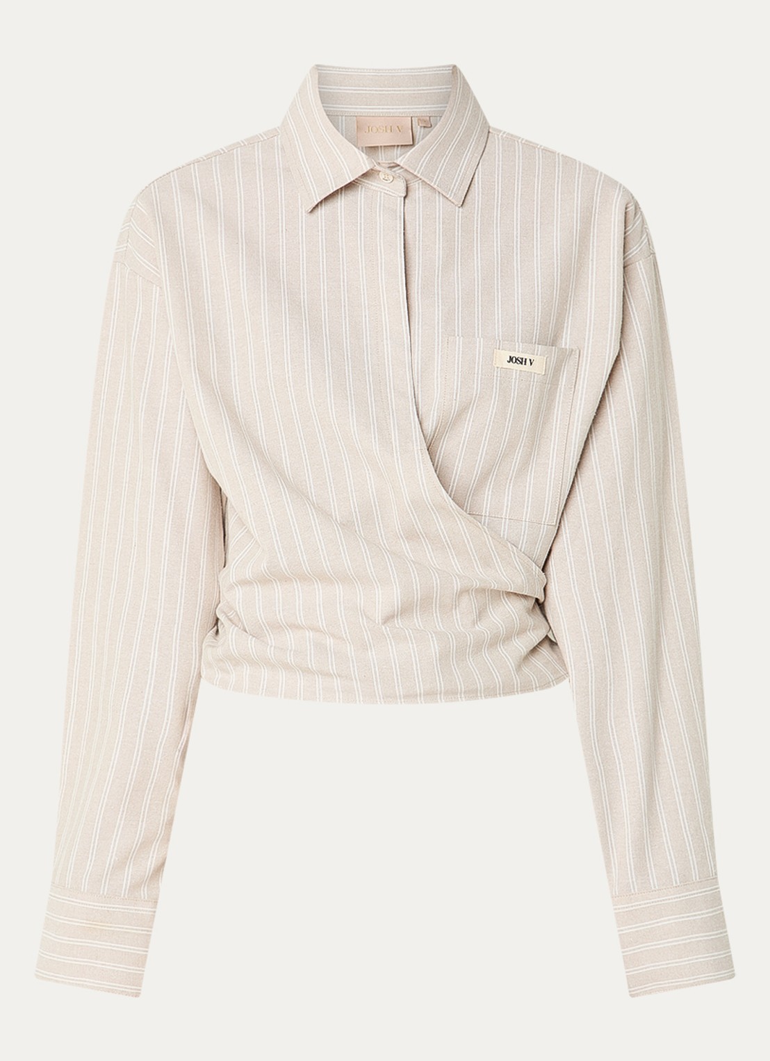 JOSH V Banks blouse met streepprint en strikceintuur - voorkant beige