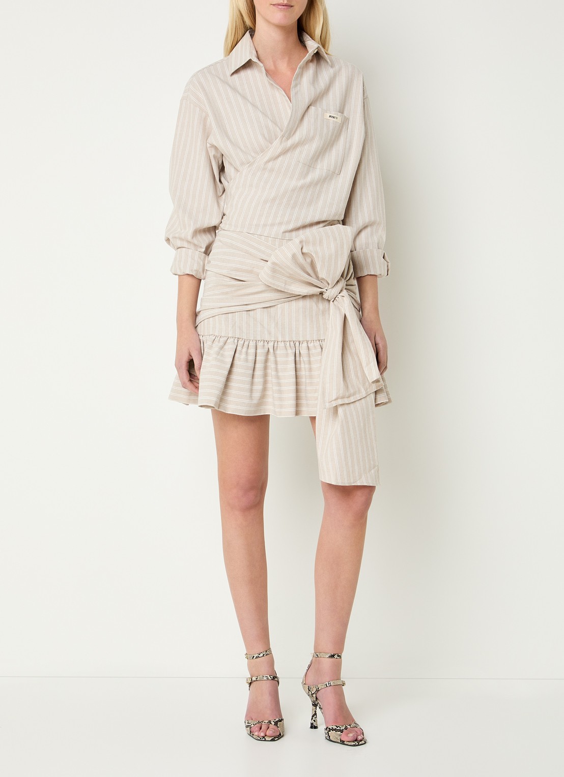JOSH V Banks blouse met streepprint en strikceintuur - voorkant 2 beige