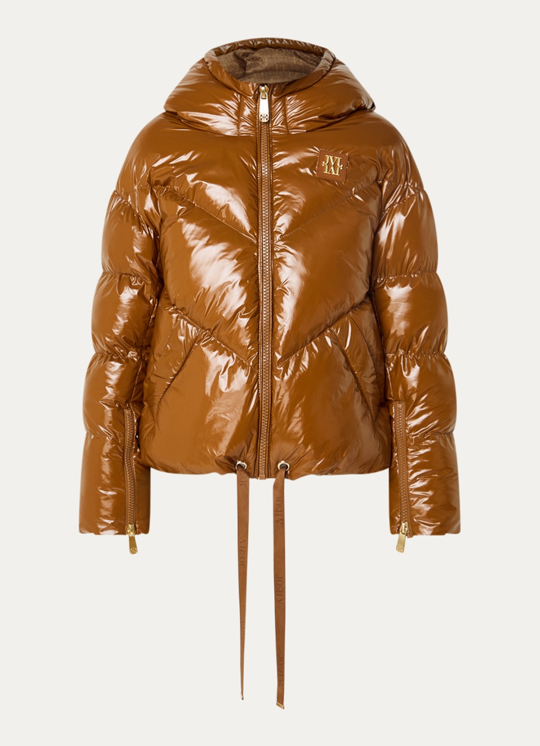 JOSH V Brenna puffer jack met strikceintuur en glanzende finish - voorkant 2 cognac