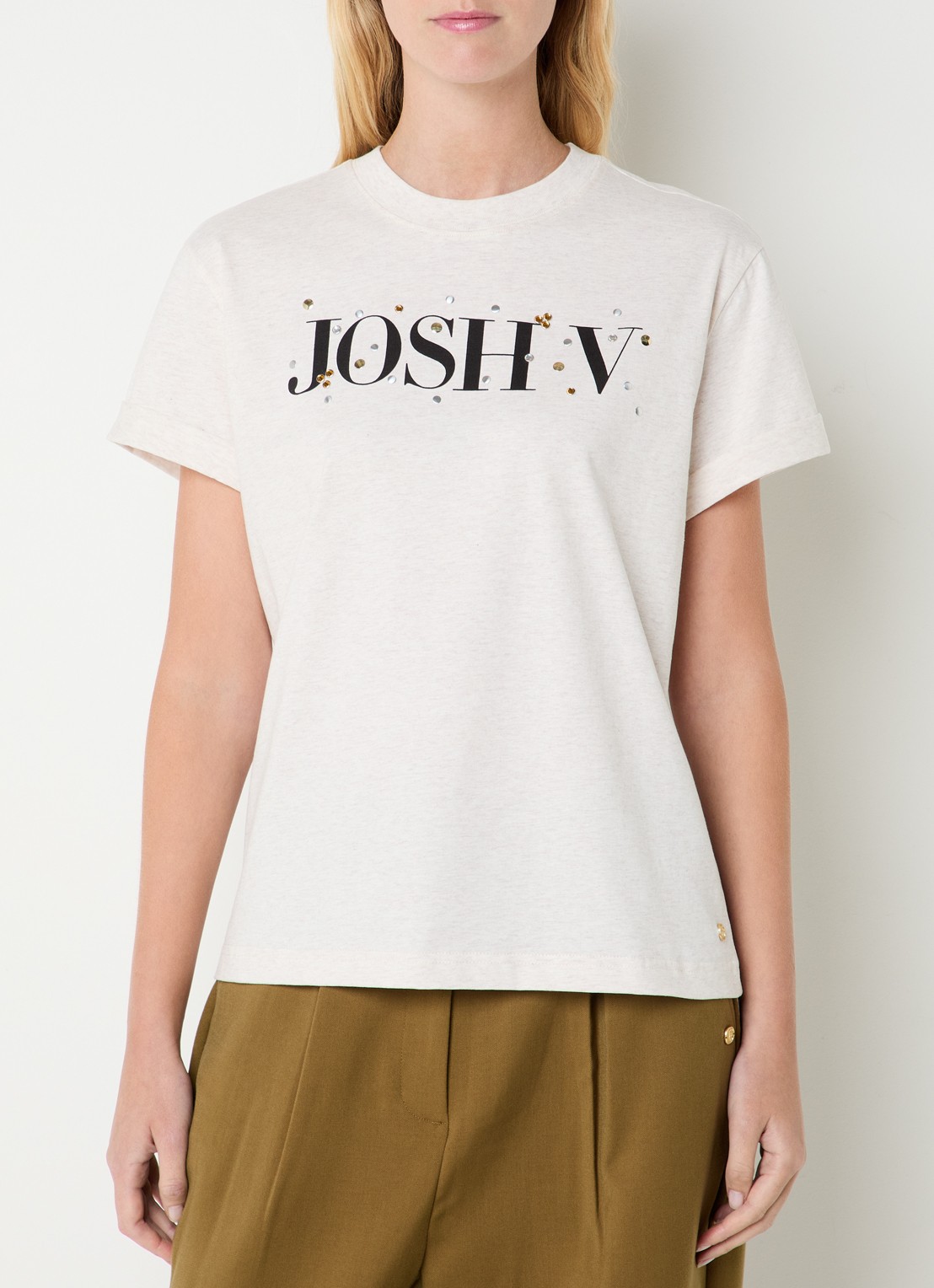 JOSH V Britta T-shirt met logoprint en strass - detail 2 creme