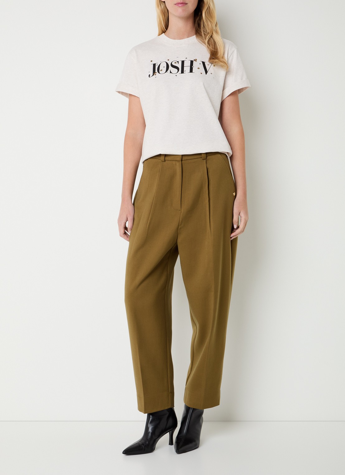 JOSH V Britta T-shirt met logoprint en strass - voorkant 4 creme