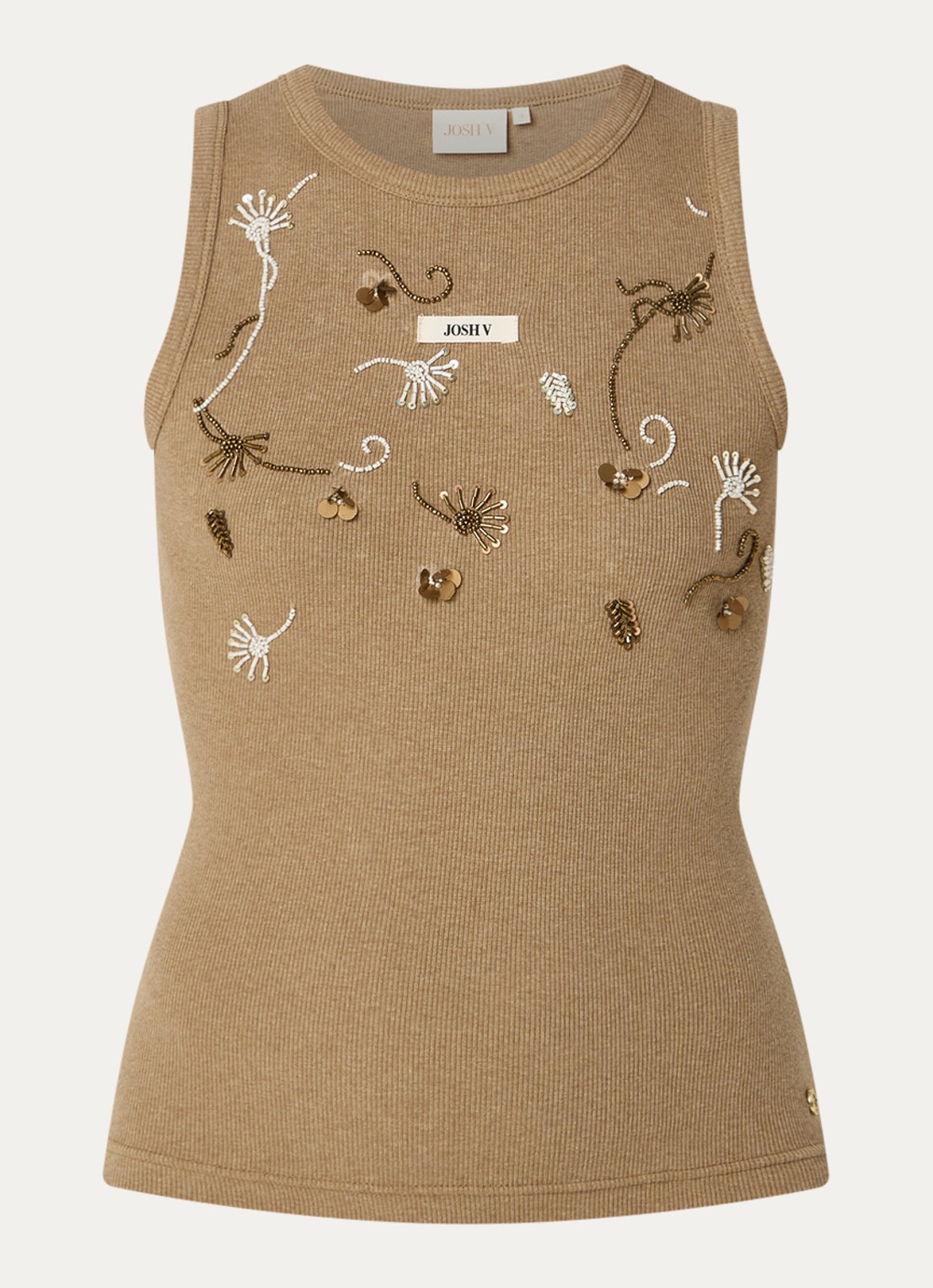 JOSH V Calix tanktop met pailletten en kralendecoratie - voorkant camel