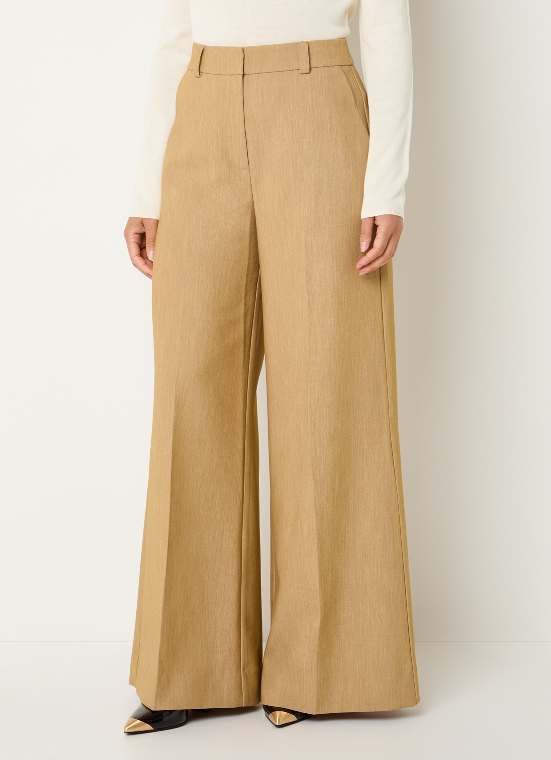 JOSH V Callie high waist wide fit pantalon met gemêleerd dessin - detail camel