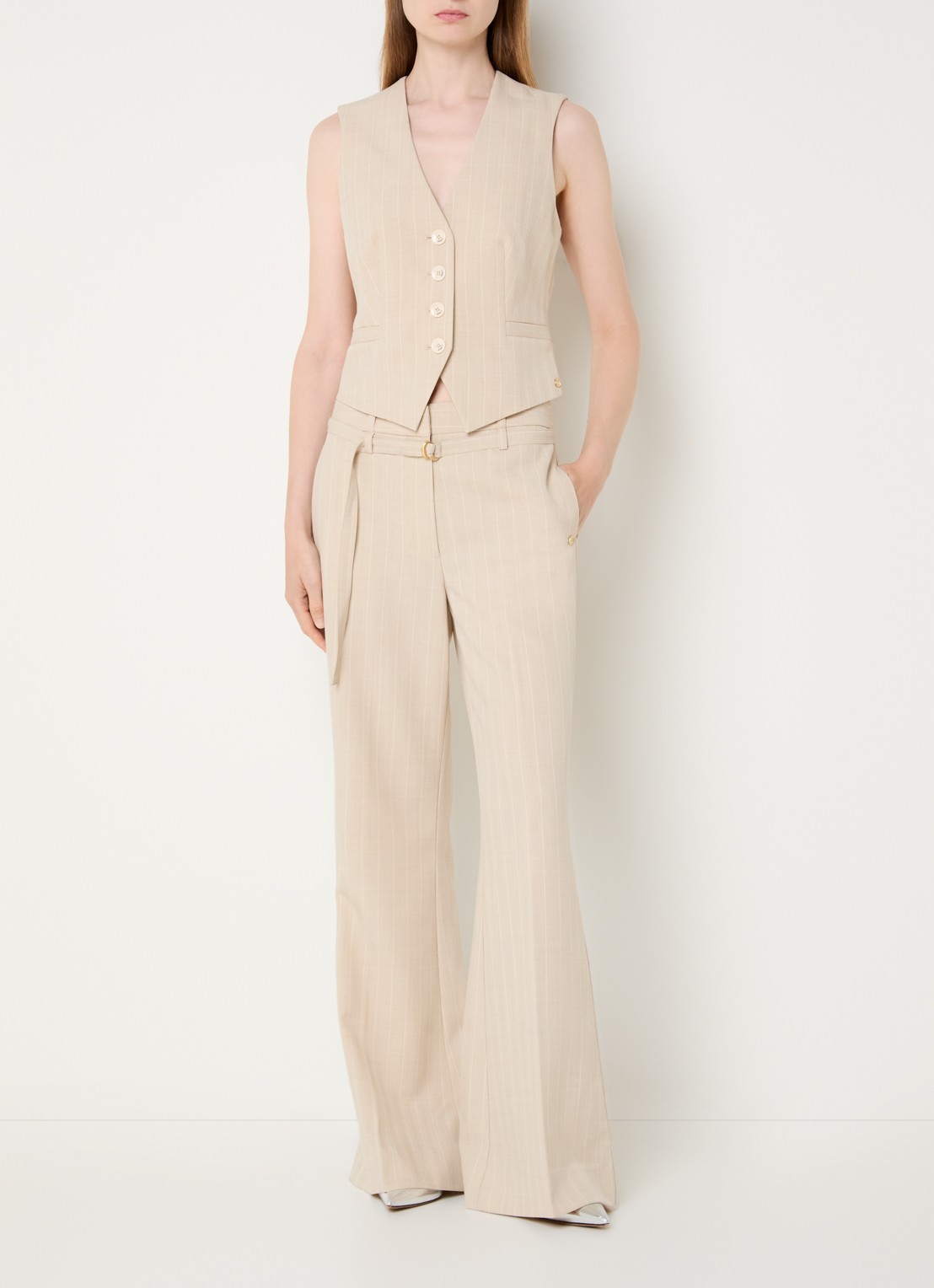 JOSH V Chantilly gilet met krijtstreep en paspelzakken - voorkant 4 beige