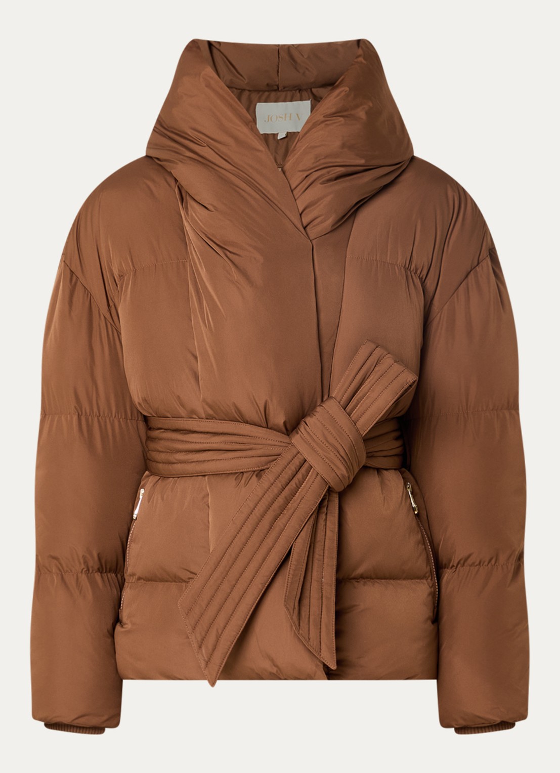 JOSH V Charlotte puffer jack met capuchon en ceintuur - voorkant 2 cognac