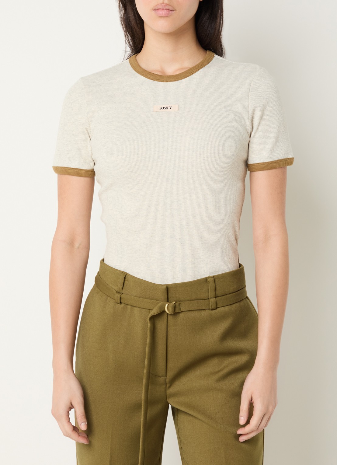 JOSH V Cody ribgebreid T-shirt met logo - detail 2 beige