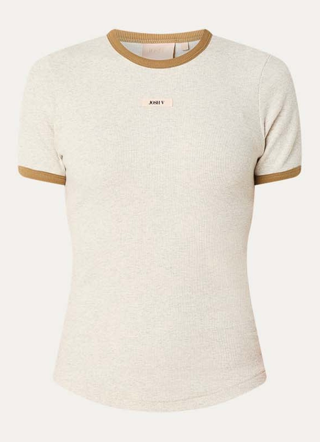 JOSH V Cody ribgebreid T-shirt met logo - voorkant 3 beige
