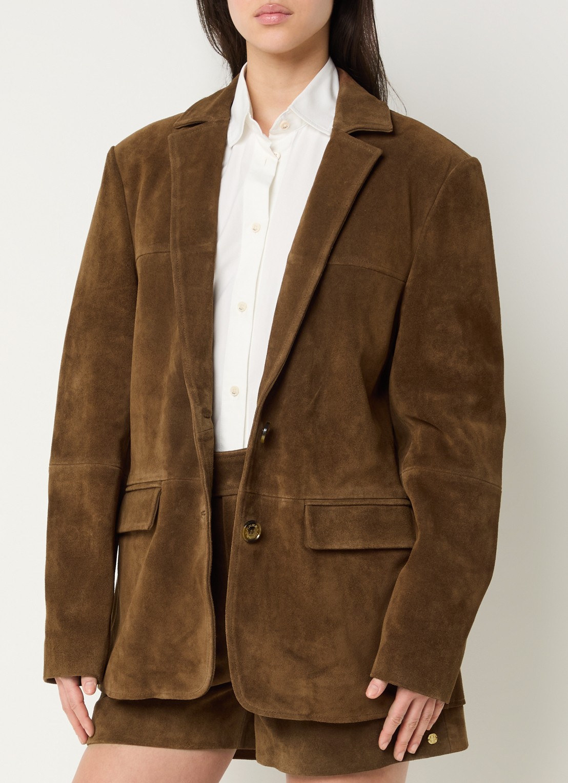 JOSH V Emsy blazer van suède met klepzakken - detail bruin