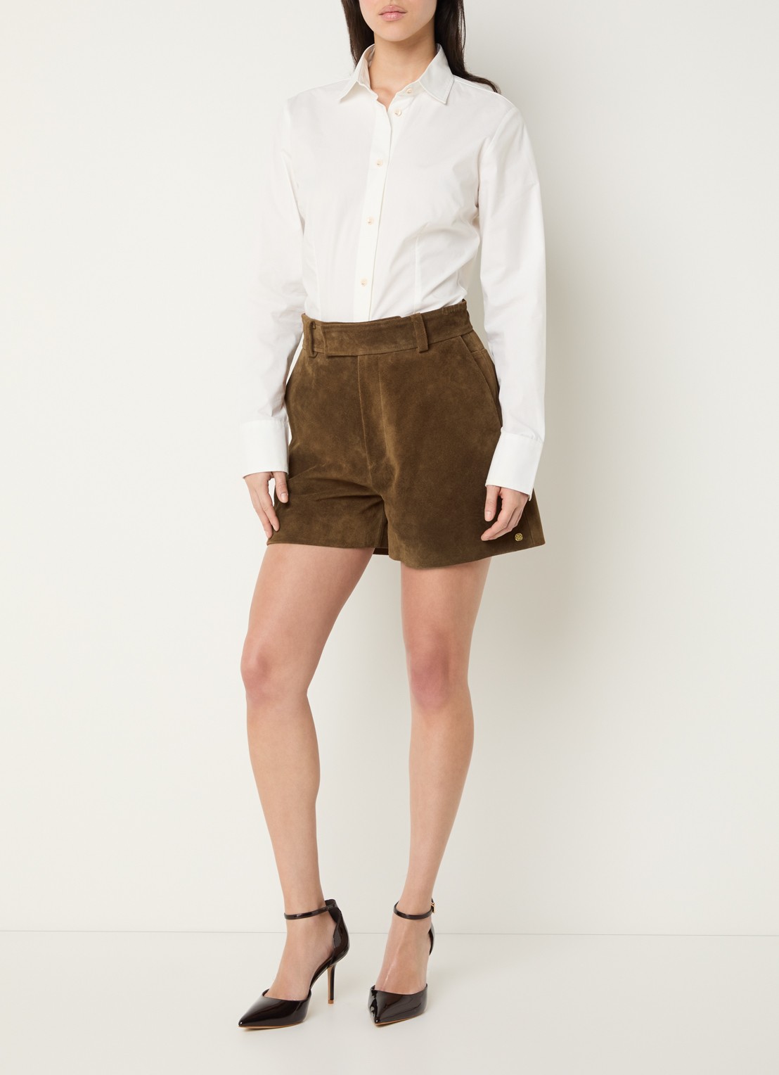 JOSH V Fenella high waist loose fit korte broek van suède - voorkant 2 bruin