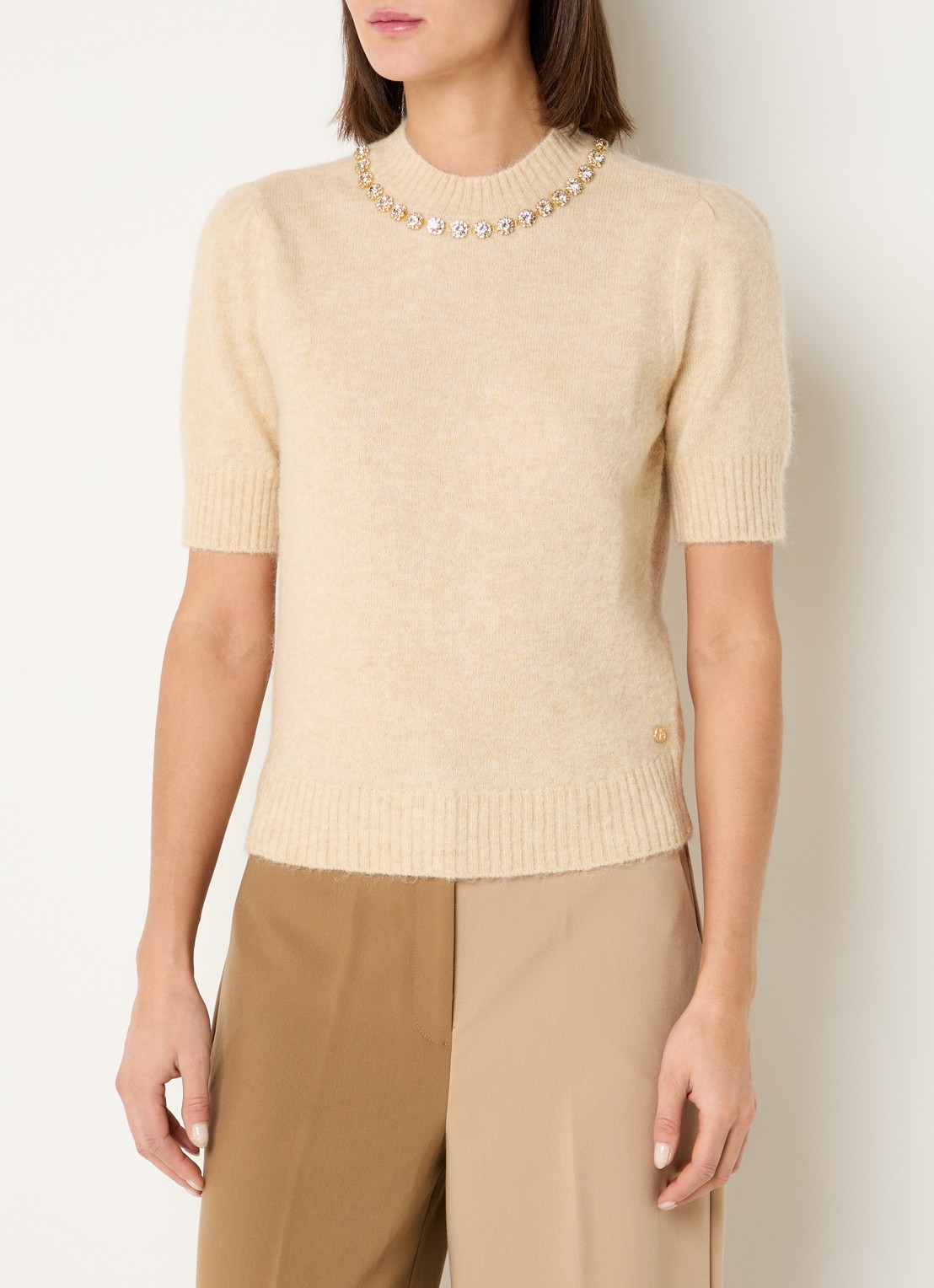 JOSH V Franka fijngebreide top in alpaca wolblend met strass - detail beige