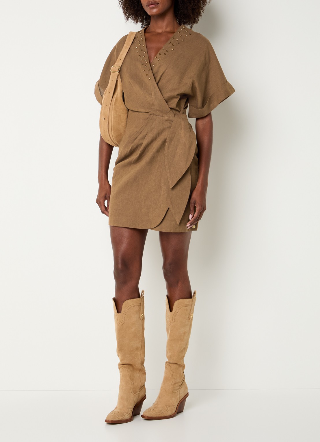 JOSH V Froukje mini wikkeljurk in linnenblend met strass - voorkant 3 camel