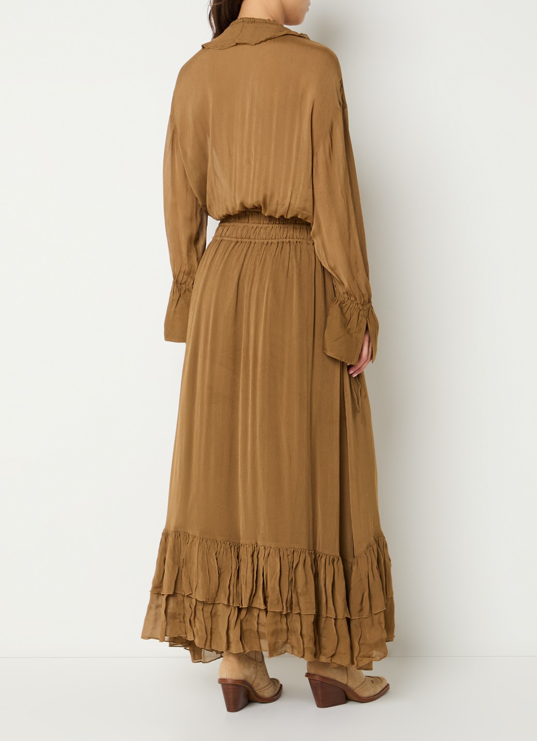JOSH V Gisele maxi jurk met volant - achterkant 3 cognac