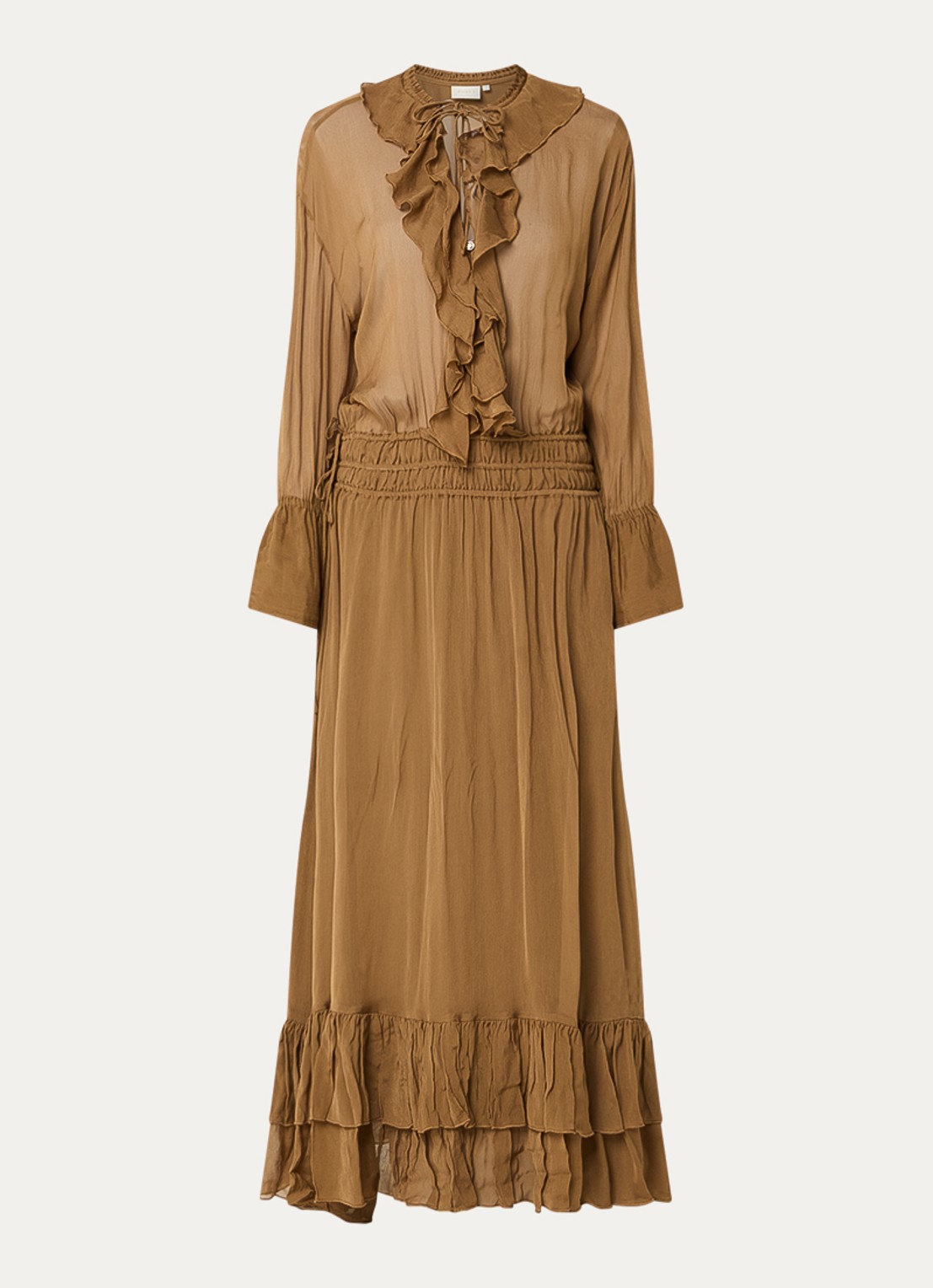 JOSH V Gisele maxi jurk met volant - voorkant cognac