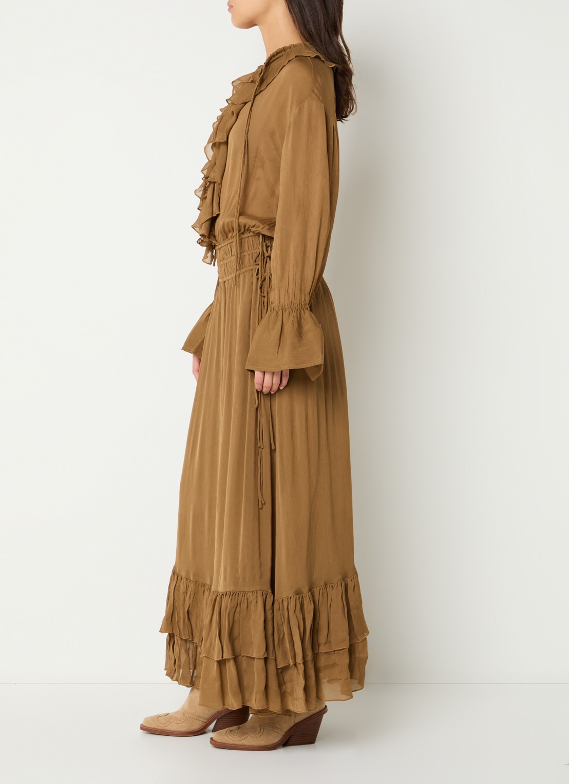 JOSH V Gisele maxi jurk met volant - voorkant 2 cognac