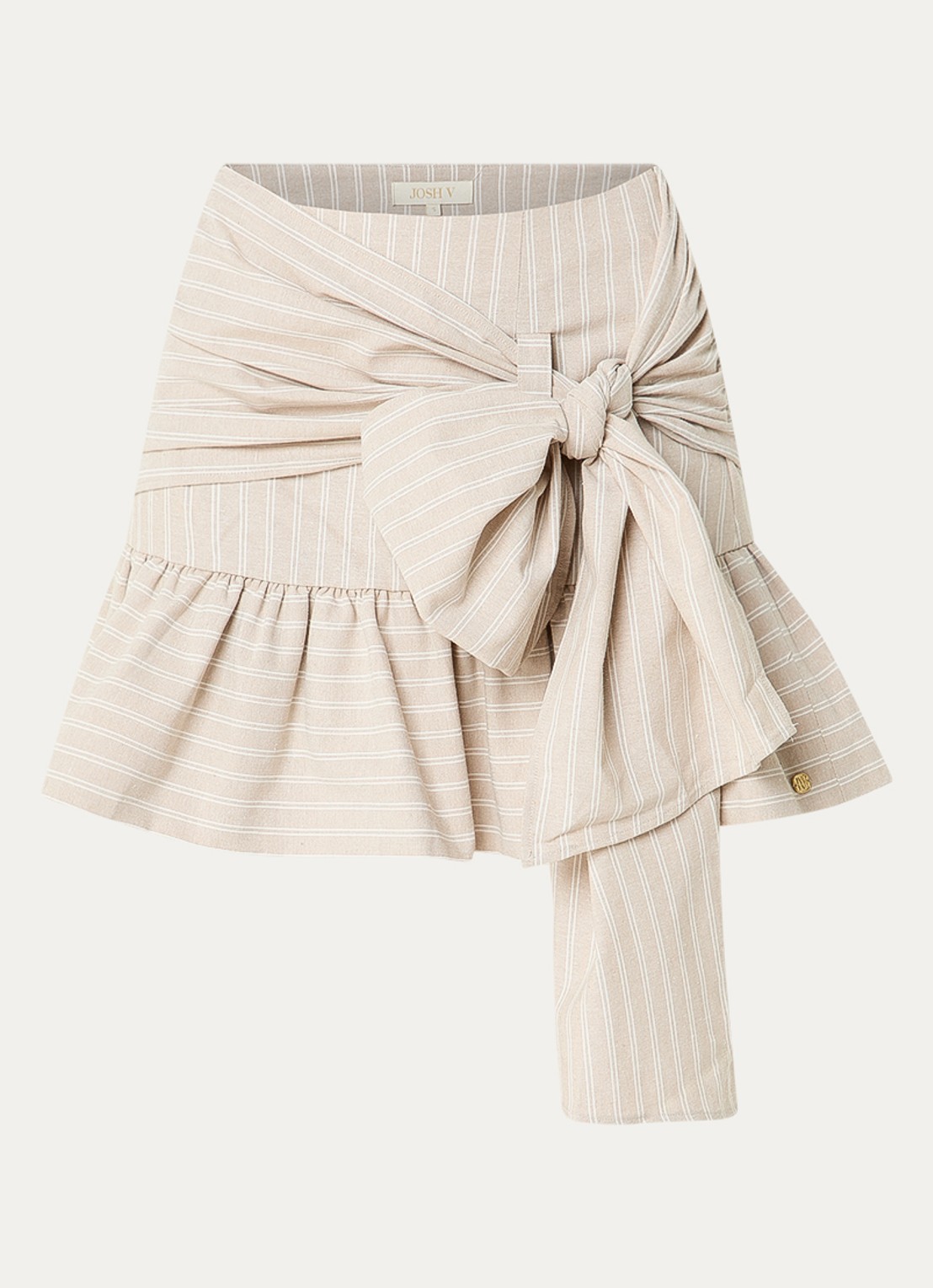 JOSH V Hollis mini rok met streepprint en strikdetail - voorkant donkerbeige
