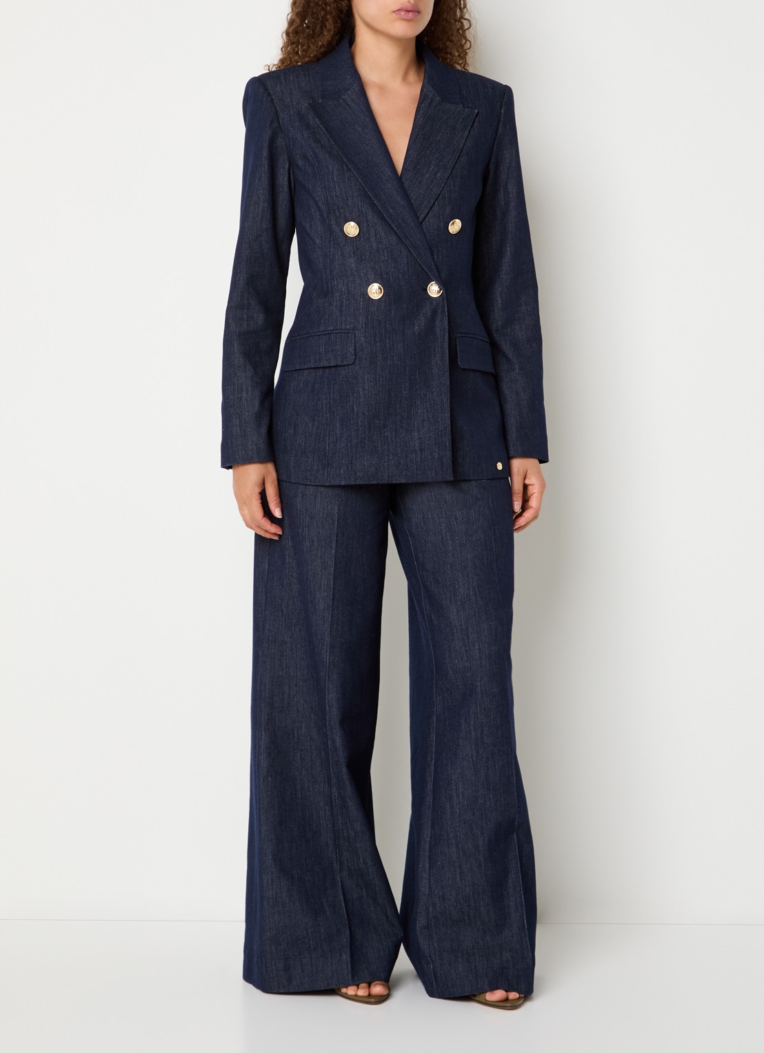 JOSH V Indra high waist wide fit broek van chambray met knoopdetail - voorkant 2 indigo