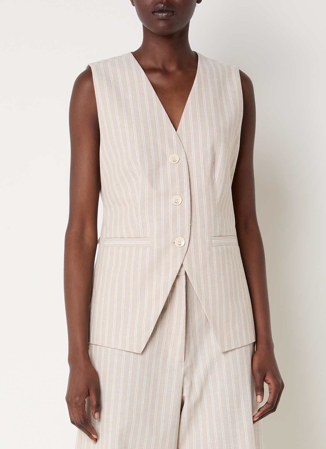 JOSH V Inez gilet in linnenblend met streepprint - detail 4 beige