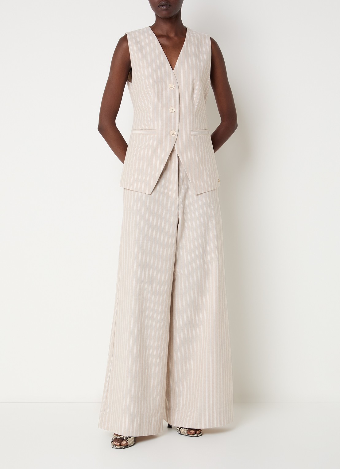 JOSH V Inez gilet in linnenblend met streepprint - voorkant 2 beige