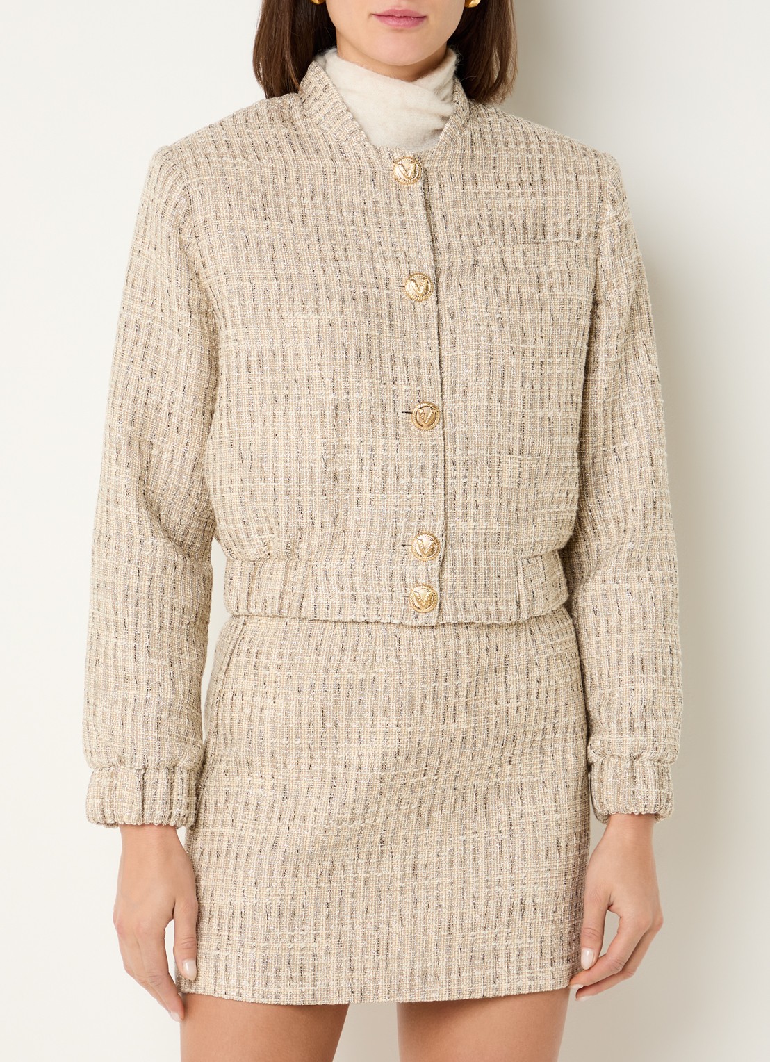 JOSH V Junia cropped bomberjack met tweed-look en schoudervulling - detail 2 creme