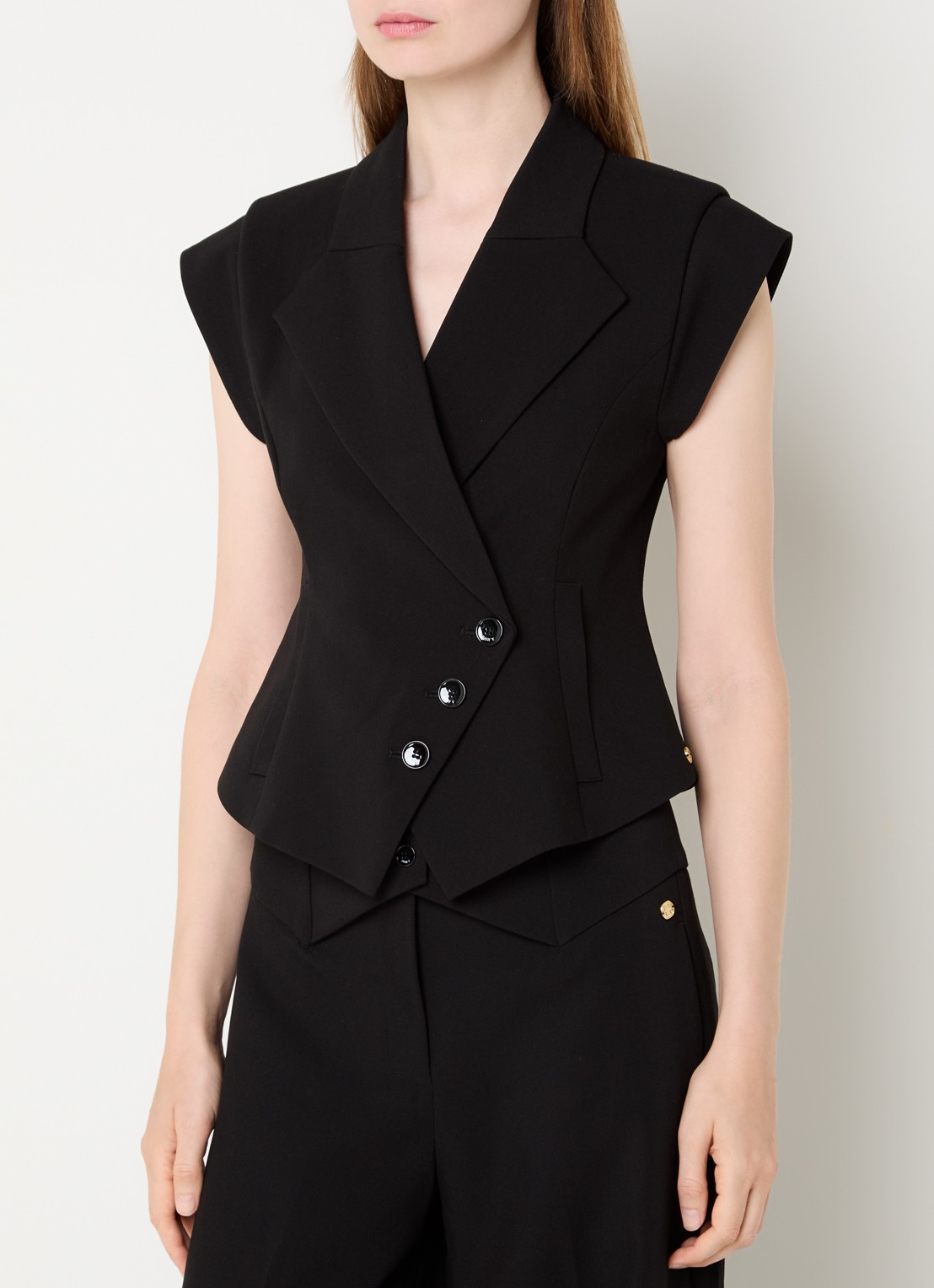 JOSH V Katleen gilet met schoudervulling en asymmetrisch detail - detail 2 zwart