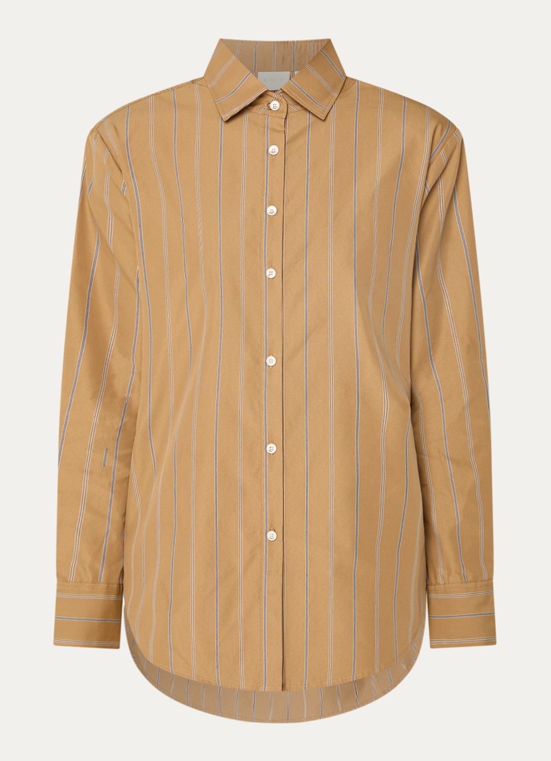 JOSH V Kolly blouse met streepprint en schoudervulling - voorkant camel