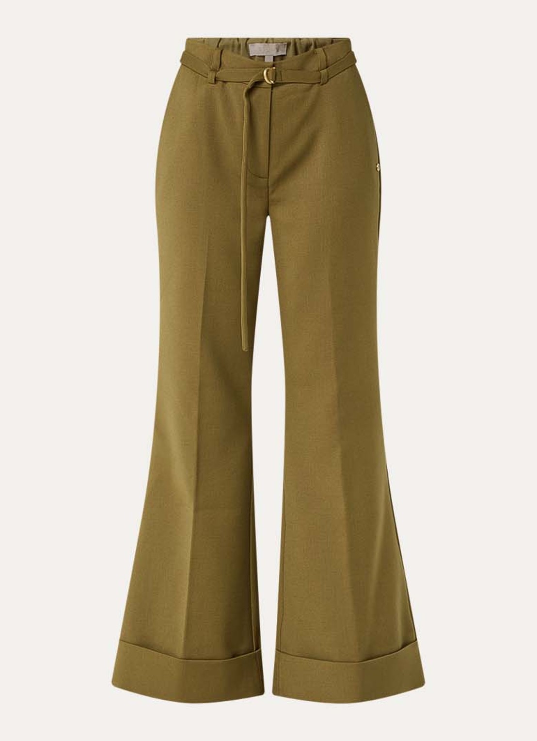 JOSH V Korien high waist flared fit pantalon met ceintuur - voorkant mosgroen
