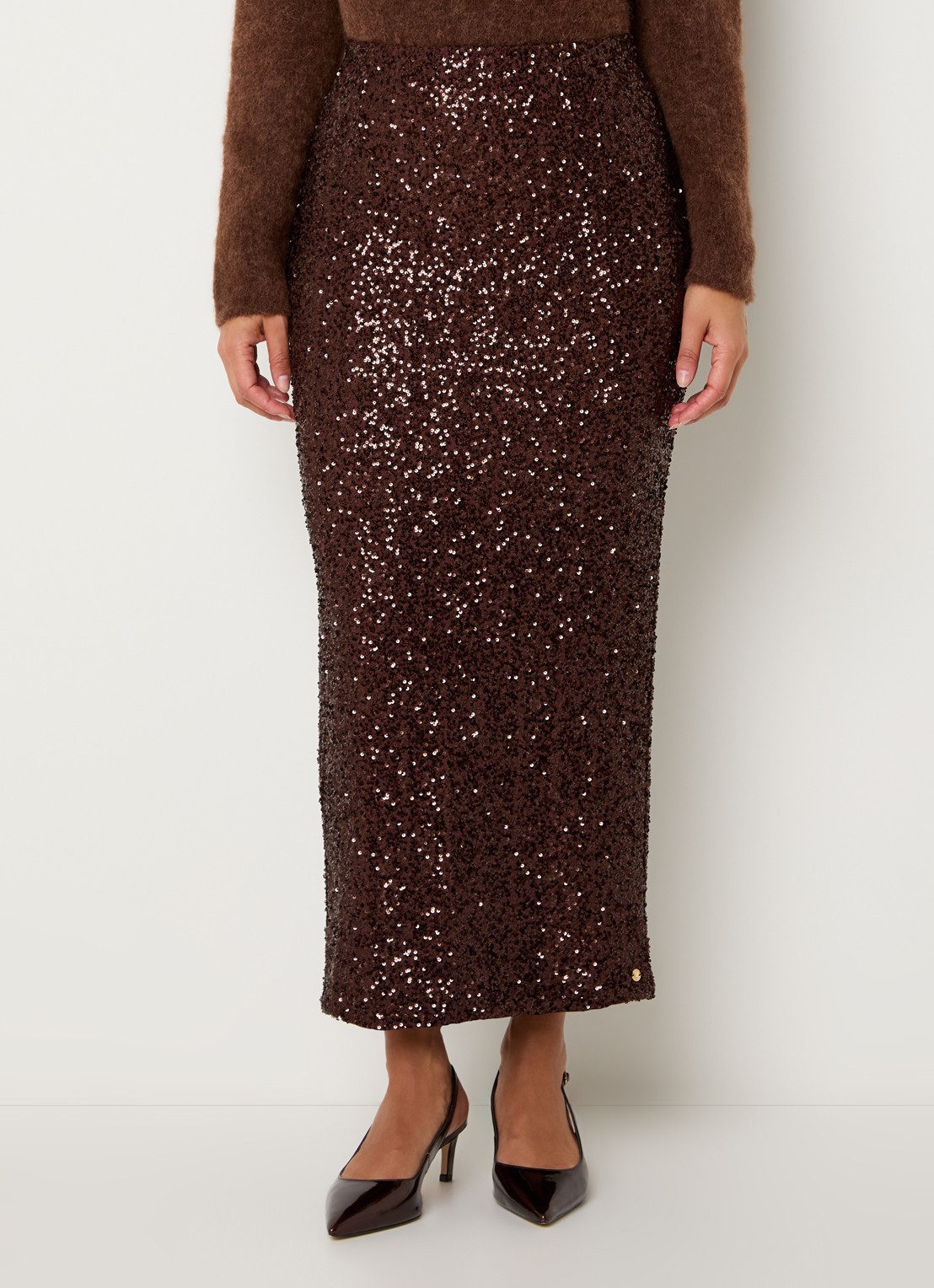 JOSH V Lonne midi rok met pailletten - detail 4 kastanjebruin