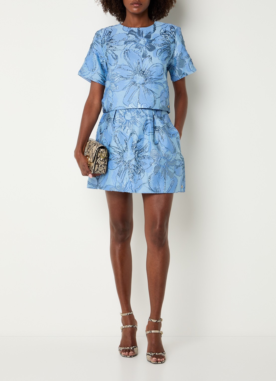 JOSH V Marleen mini A-lijn rok met jacquard dessin - voorkant 4 blauw