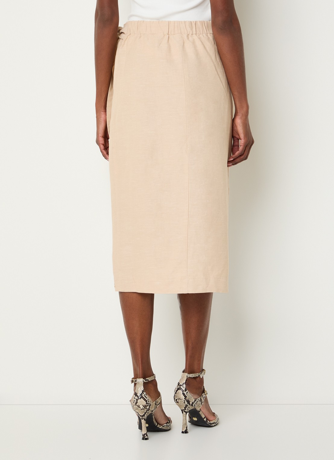JOSH V Nijra midi rok in linnenblend met strikceintuur - achterkant 4 beige