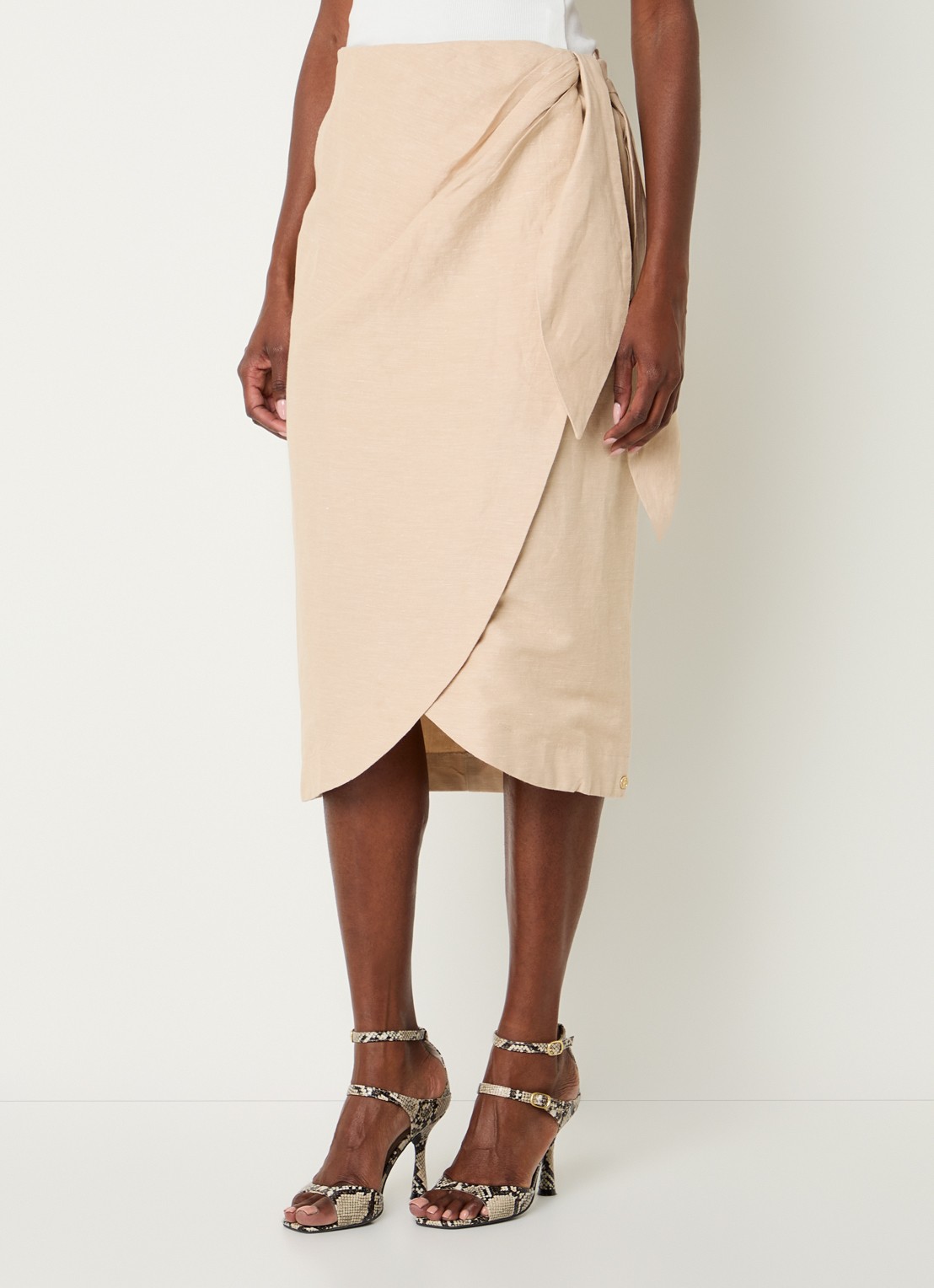 JOSH V Nijra midi rok in linnenblend met strikceintuur - detail beige