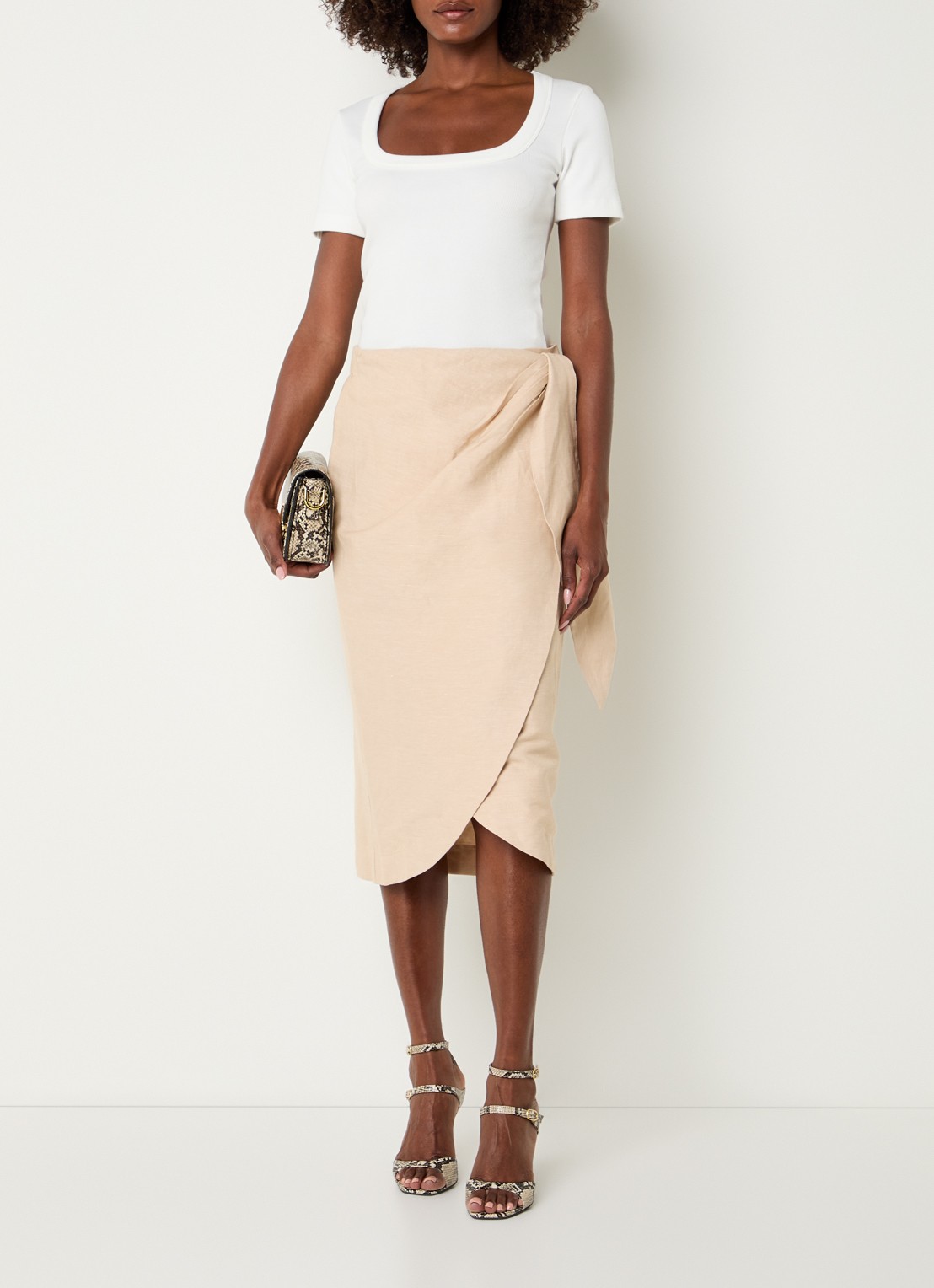 JOSH V Nijra midi rok in linnenblend met strikceintuur - voorkant 3 beige