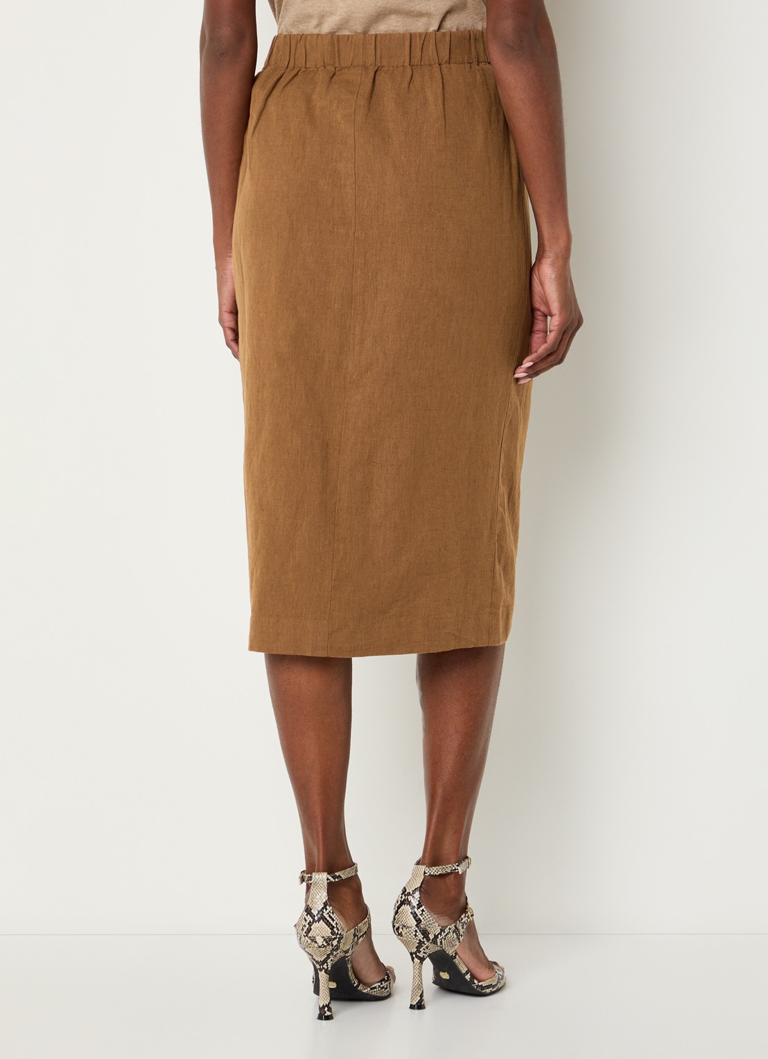 JOSH V Nijra midi rok in linnenblend met strikceintuur - achterkant camel
