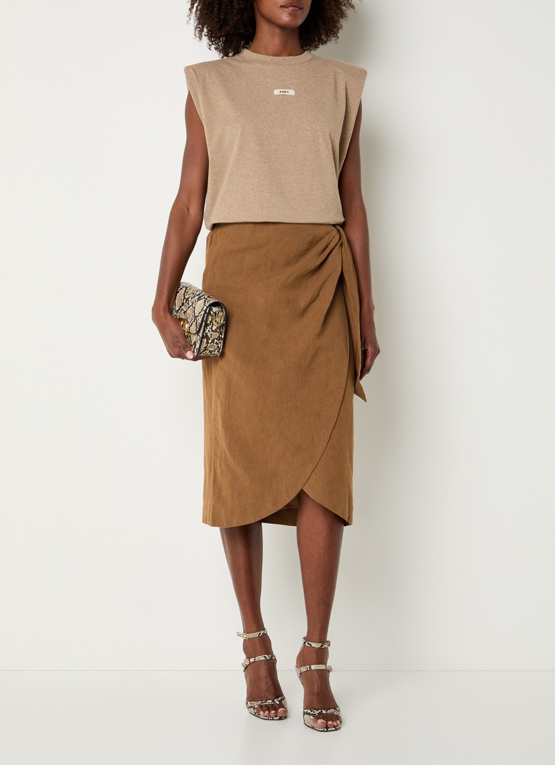 JOSH V Nijra midi rok in linnenblend met strikceintuur - voorkant 4 camel