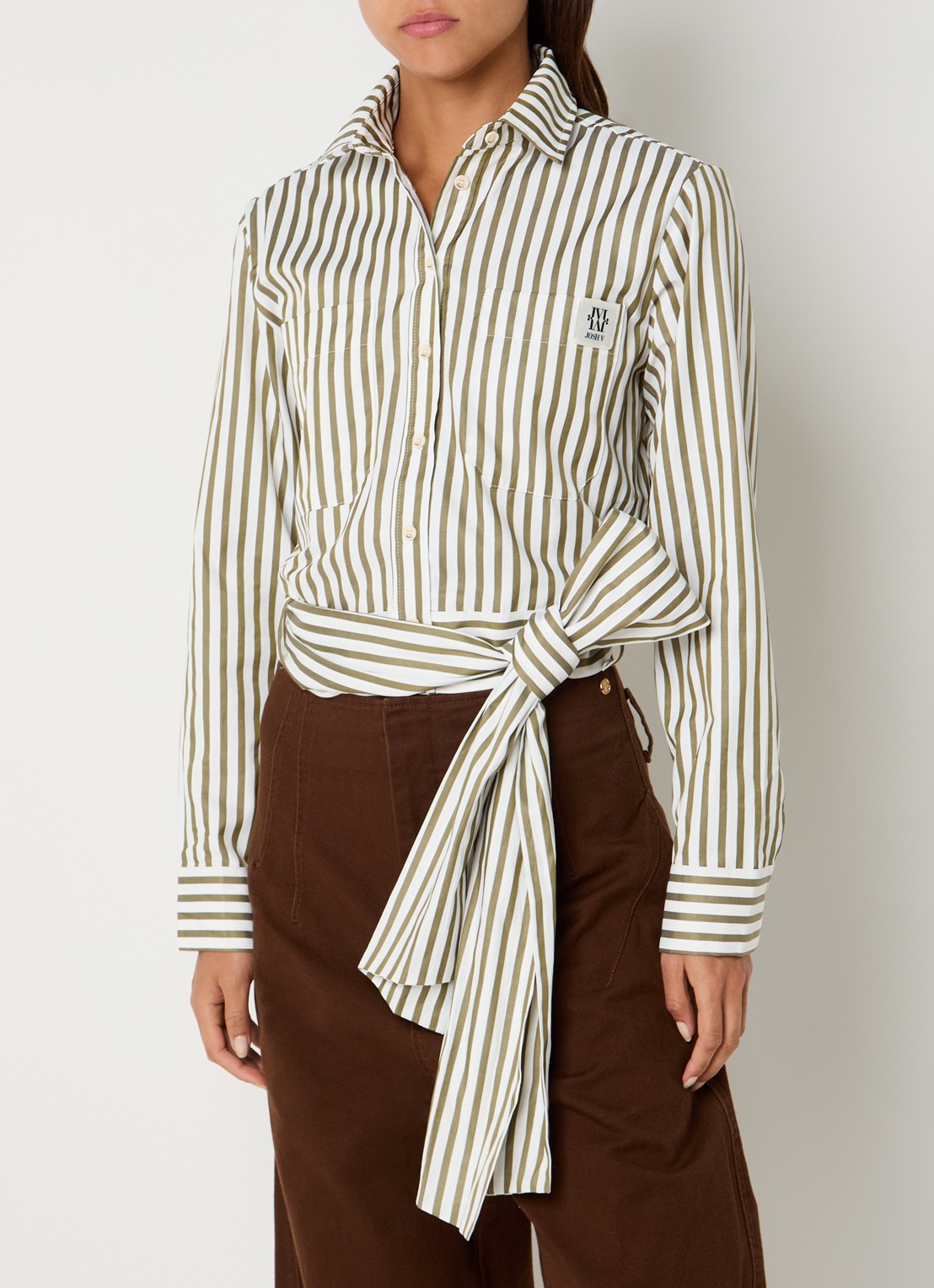 JOSH V Odell blouse met streepprint en strikceintuur - detail 3 legergroen