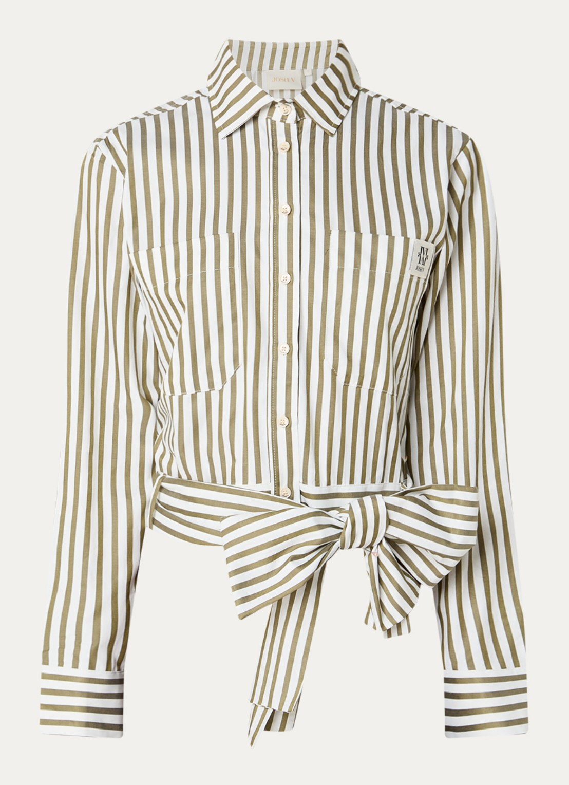 JOSH V Odell blouse met streepprint en strikceintuur - voorkant legergroen
