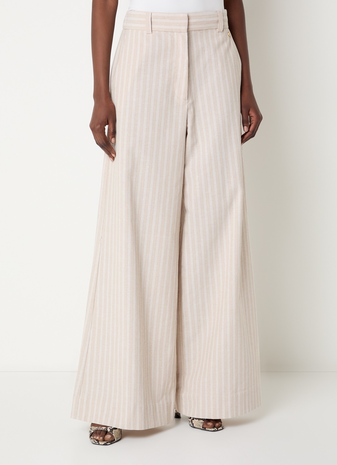 JOSH V Odessa high waist wide leg broek in linnenblend met streepprint - detail 3 beige