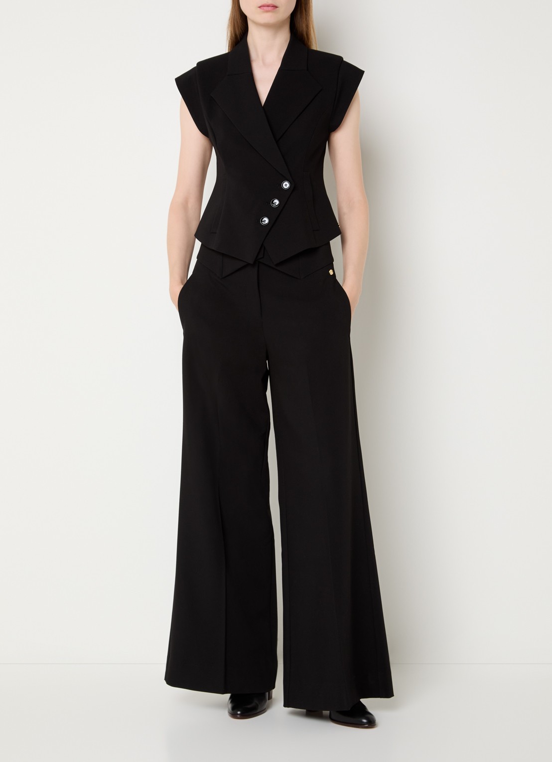 JOSH V Petra high waist wide fit pantalon met persplooi - voorkant 4 zwart