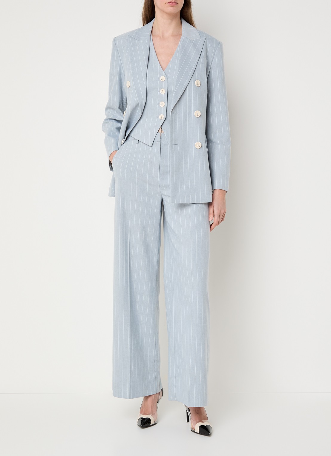 JOSH V Pleun double-breasted blazer met streepprint - voorkant 4 lichtblauw