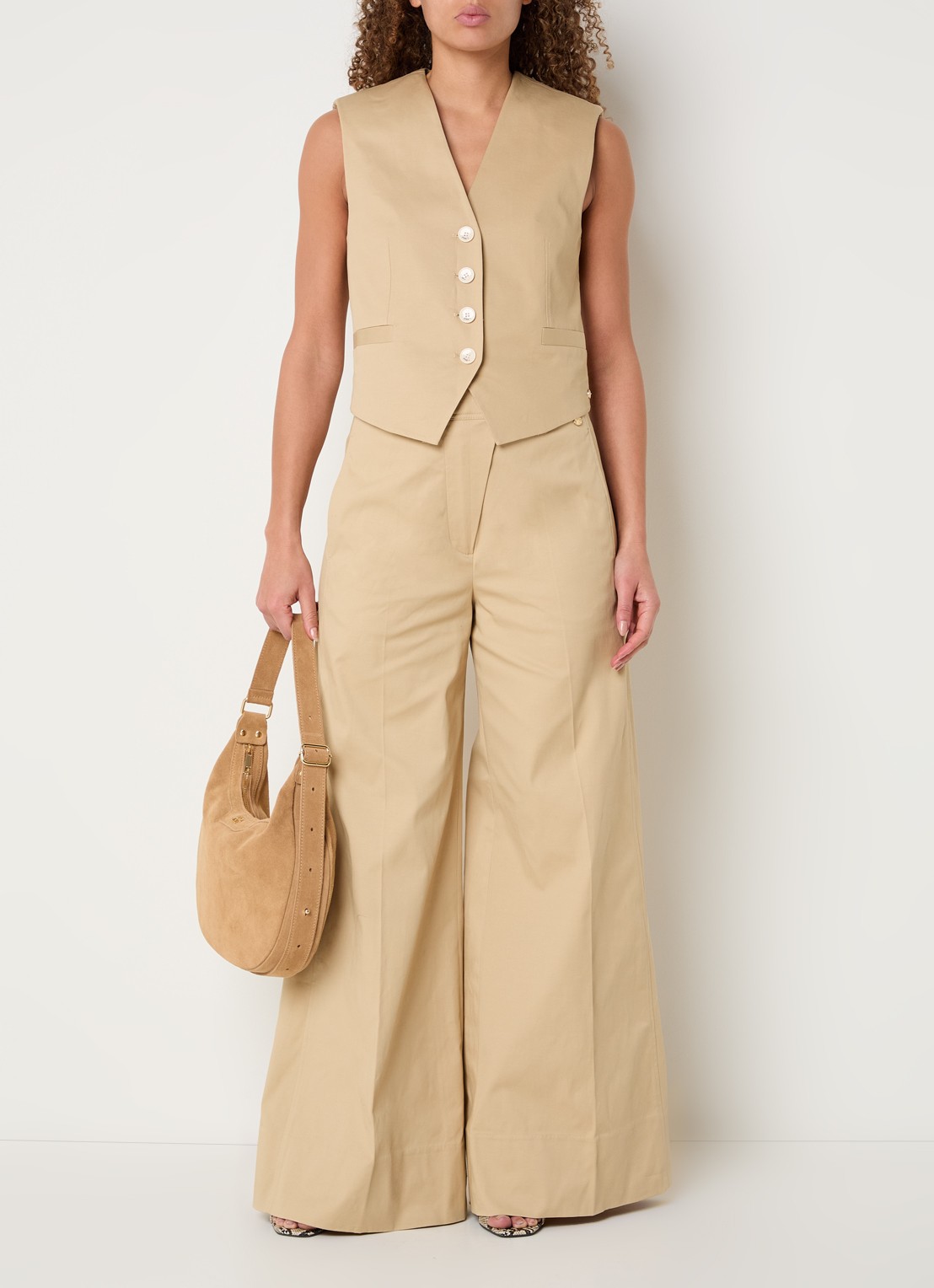JOSH V Regina high waist wide fit palazzobroek met steekzakken - voorkant 2 camel