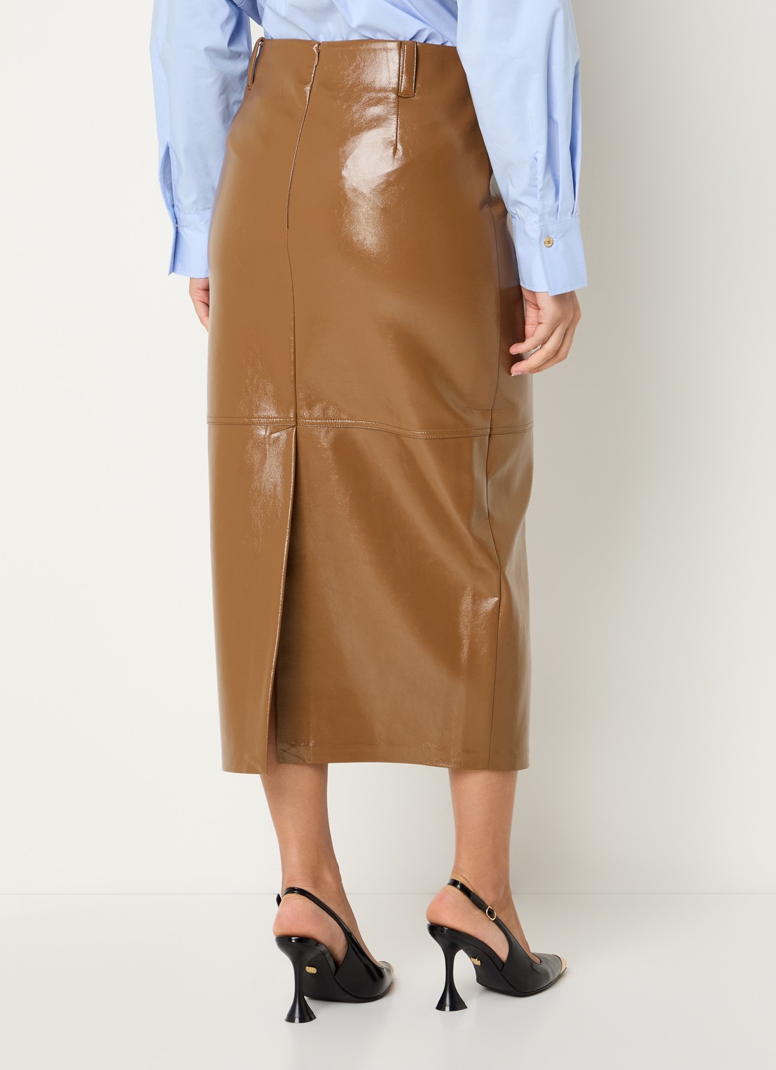 JOSH V Sally midi kokerrok van imitatieleer met glanzende finish - achterkant cognac