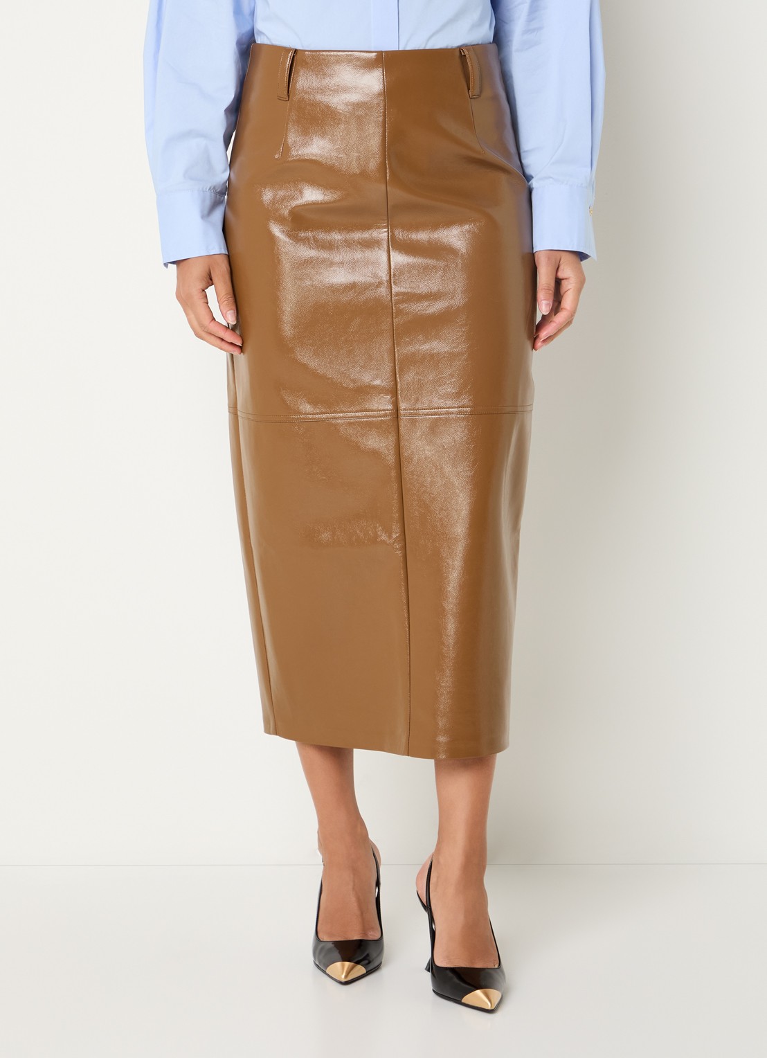 JOSH V Sally midi kokerrok van imitatieleer met glanzende finish - detail 2 cognac